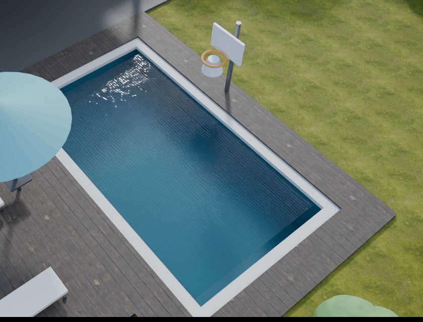 A poolside basketball hoop over the water