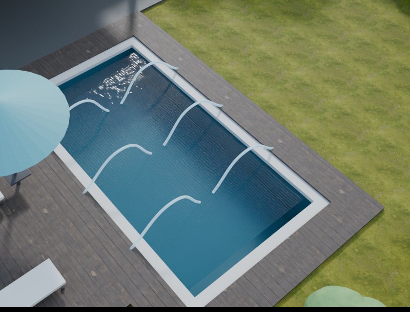 Deck fountain jets arcing into a pool