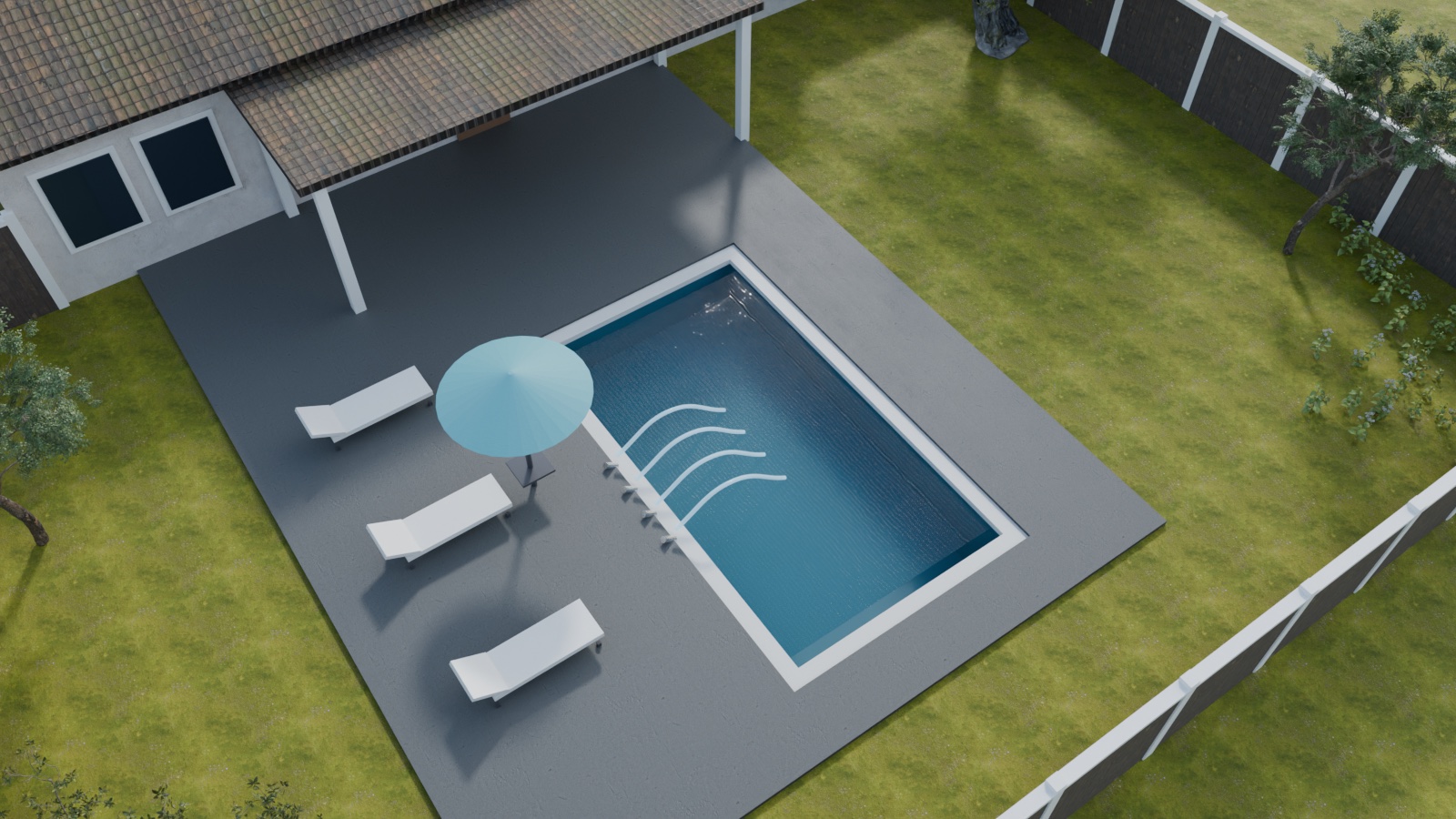 Deck fountain jets arcing into a pool