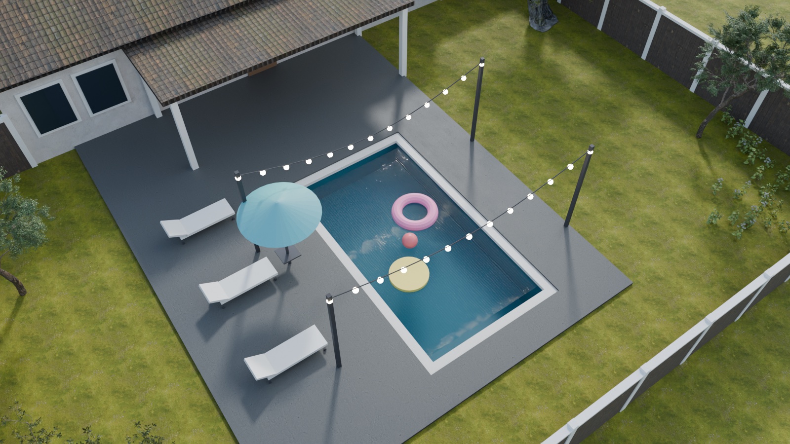 A finished pool with floats and string lights in the same rendered backyard at dusk