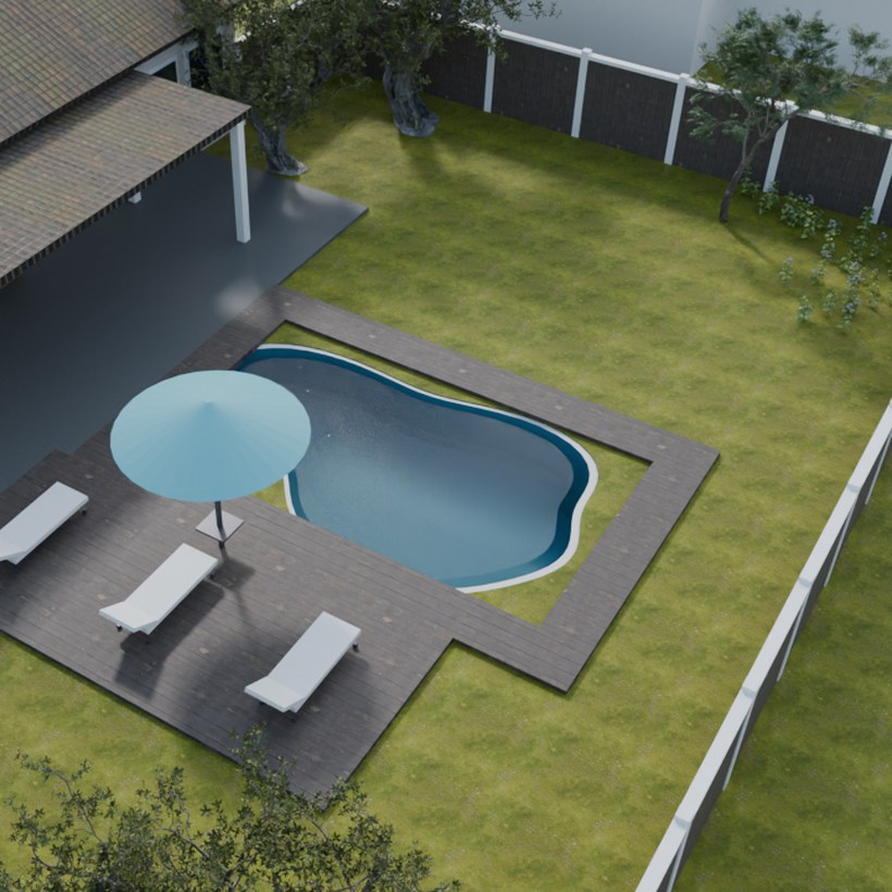 A freeform lagoon pool rendered into a real backyard