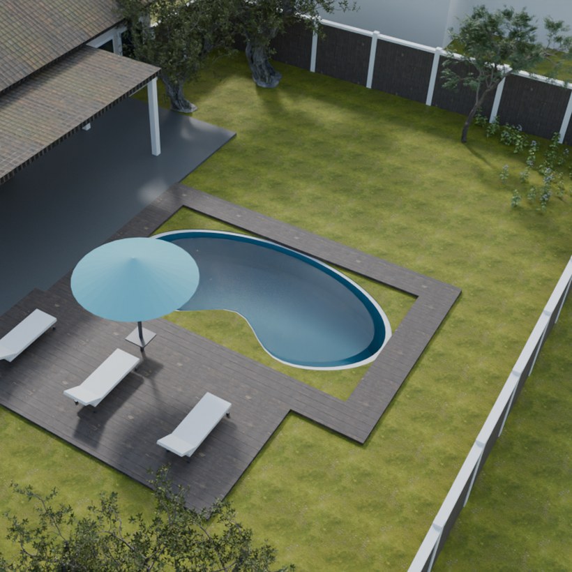 A kidney-shaped pool rendered into a real backyard